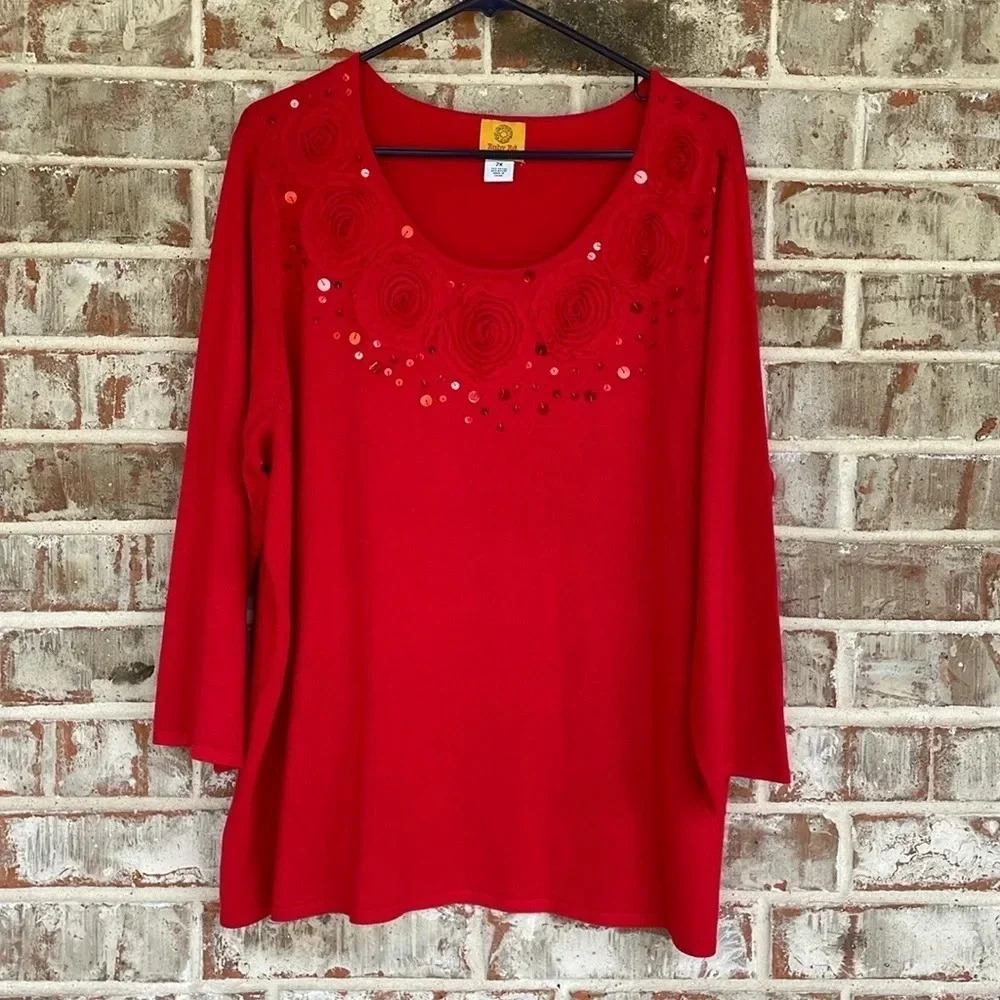 Ruby Road Red Rosette Sequin  Scoop Neck Sweater